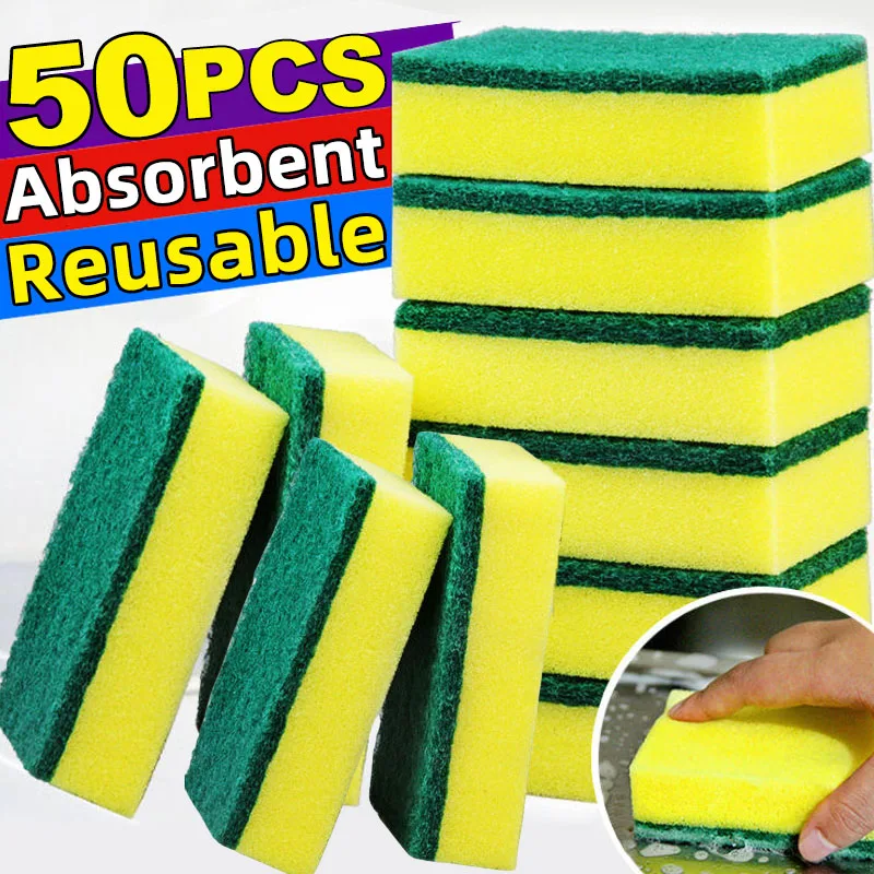 50/2Pcs Kitchen Dishwashing Soft Sponge Absorbent Clean Rub Pot Rust Scouring Pad Removing Kits Household Cleaning Brush Sponge