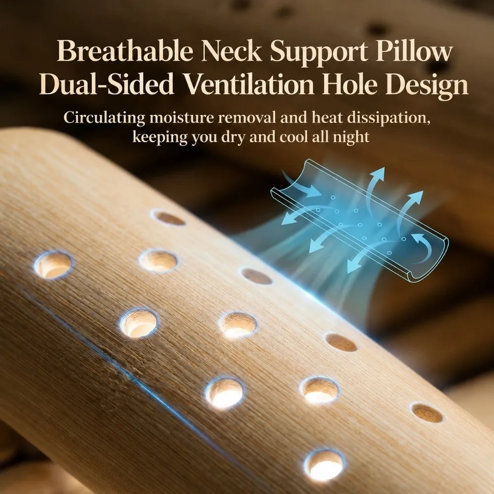 U Shape Bamboo Neck Pillow Ergonomic Curved Breathable Perforated Bamboo Lumbar Support Cushion Cooling Neck Support