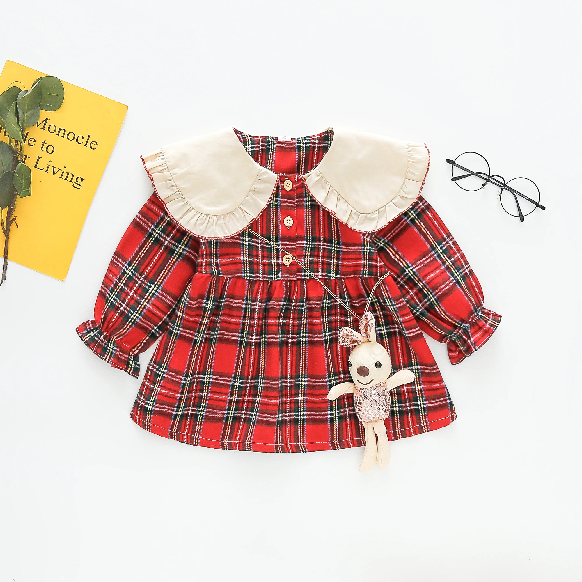 

Spring Autumn Baby Girl Long Sleeve Dress Korean Style Red Checkered Doll Collar Dress Girls Daily Casual Wear Sent Pendant