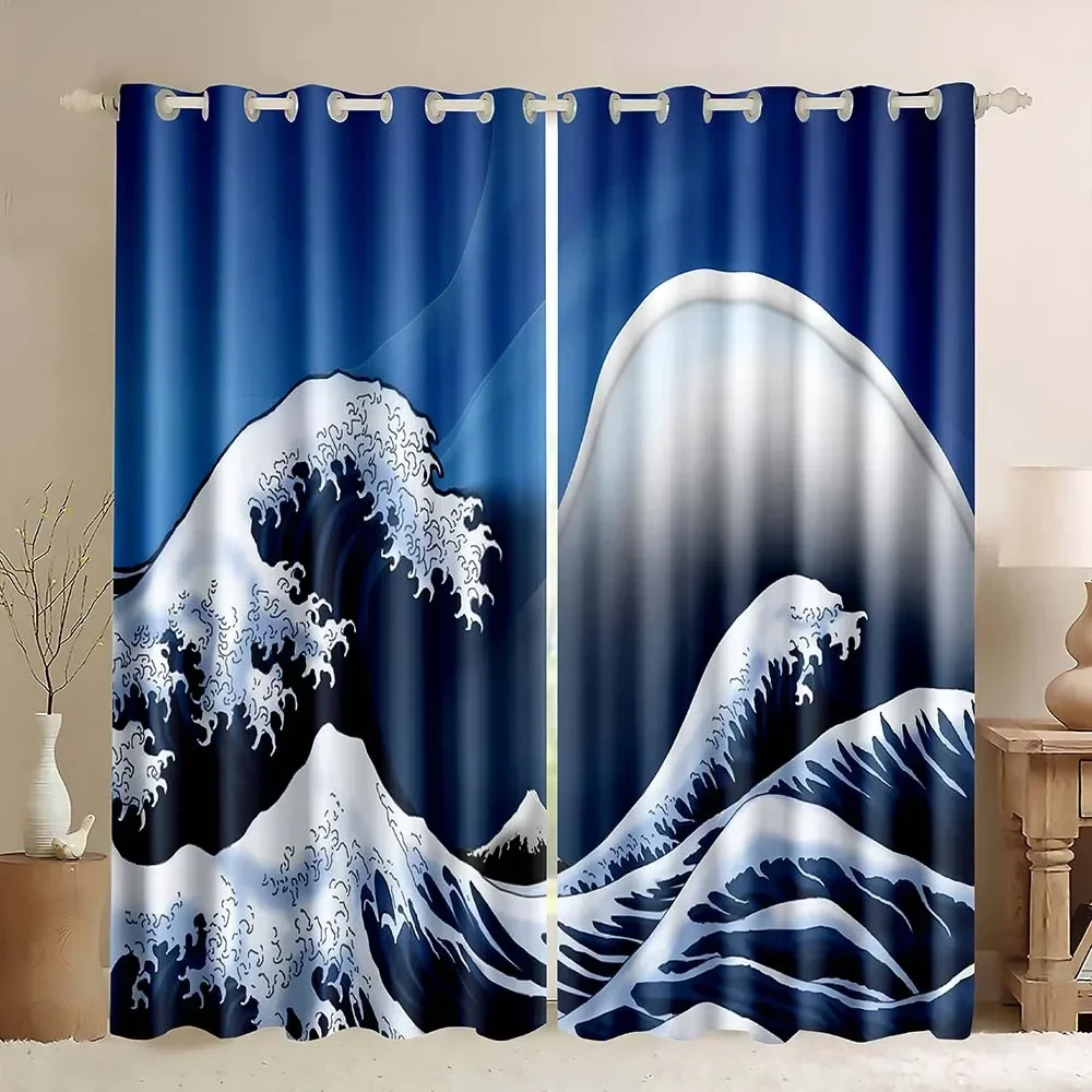 Window Curtains Oriental Culture Hand Drawn Style Japanese Motifs Illustration Wave,Blue Ocean The Great Waves Blackout Curtains