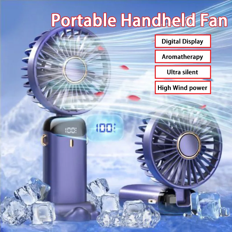 Mini Handheld Fan 3000mAh Foldable Portable Neck Hanging Fans 5 Speed USB Rechargeable Fan with Phone Stand and Display Screen