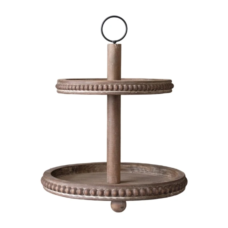 Tabletop Display Tray Stand with Two Levels, Round Wooden Form and Top Handle for Jewelry, Keys and Daily Storage 3XUF