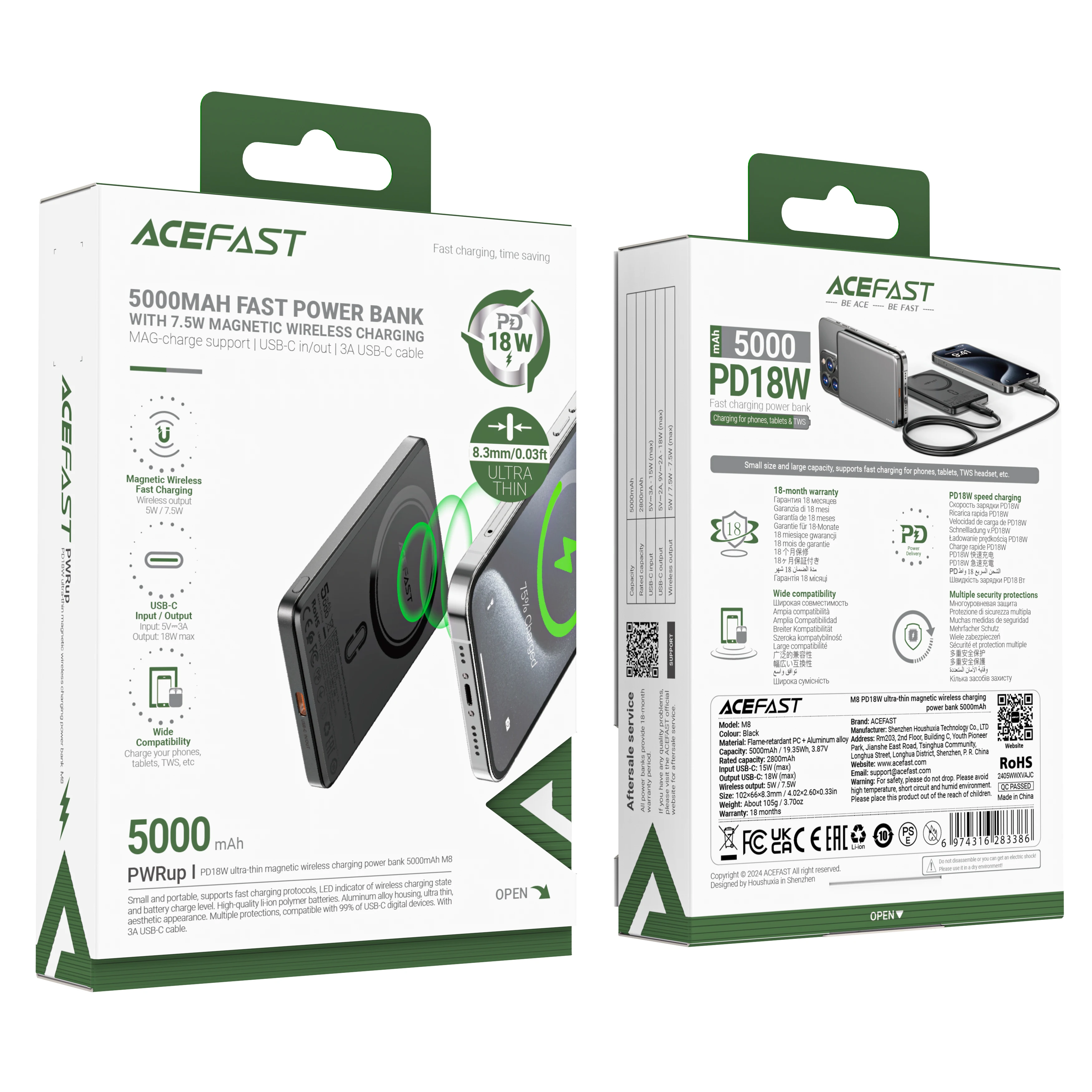 ACEFAST-Batterie de charge magnétique sans fil M8, batterie supplémentaire portable mince pour Samsung A52, A72, S22, iPhone 5000, 18W, 16/15 mAh