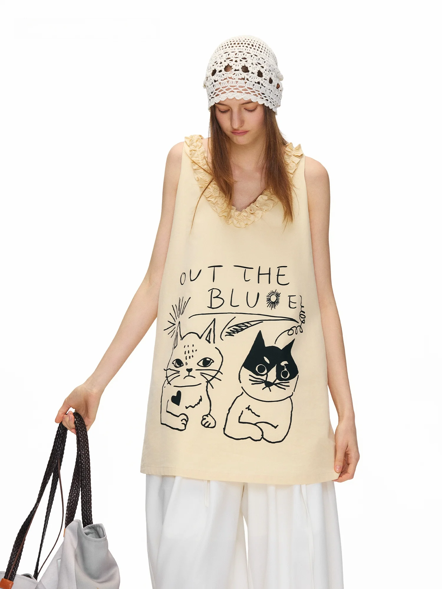 

Outthe Blue Rebellious Hand-Painted Summer Sweet Cool Style Sleeveless T-Shirt Women's Loose Fit Cotton Lyocell Blend V-N...