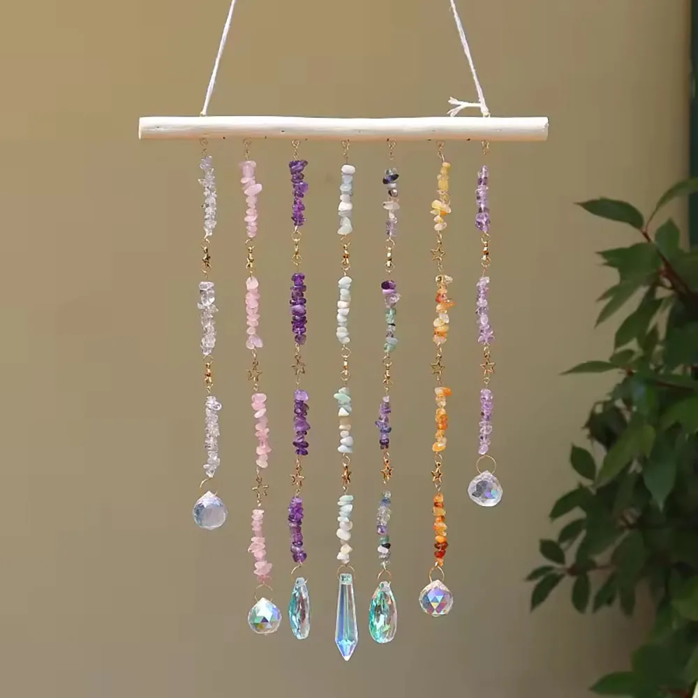 Custom Multi Stone Chip Stone Driftwood Wind Chime - Glass Pendants Hanging Ornament for Window Decor
