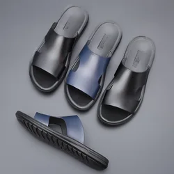 Summer New Fashion Men Shoes Vintage Real Leather Non-slip Beach Slip-On Sandals Travel Flip Flop Slippers Black Blue