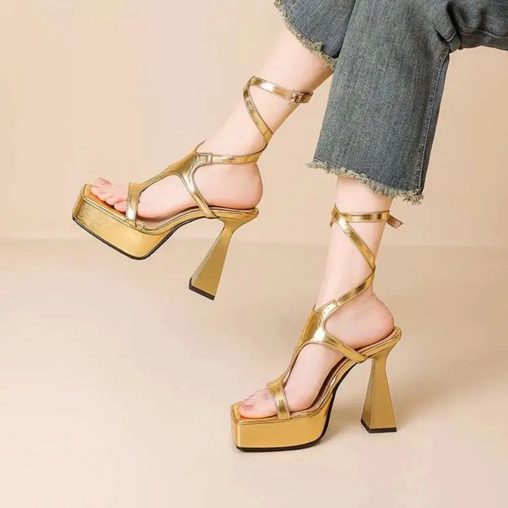 Summer New Style Fashion High-heeled Women Sandals Solid Color Peep Toe Sexy Party Buckle Square Heel Women's Sandals High 12cm