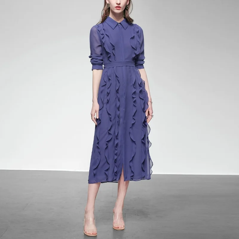Ele Spring Autumn Women's Long irt Dr Chiffon Material Mid-Length Sves Floral Lace Hemline A-Line Silhouette