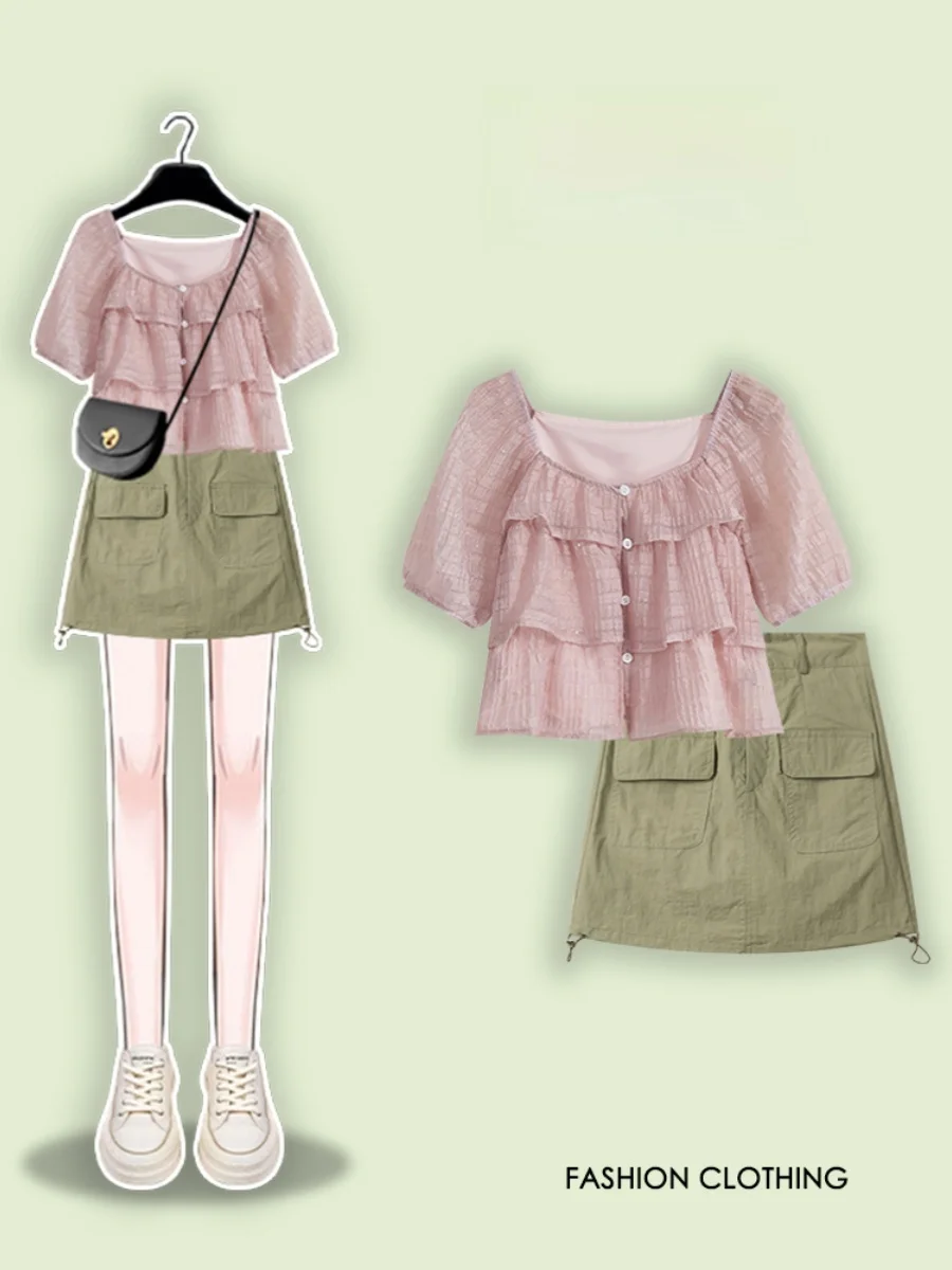 

Dopne Salt Large Size Denim Set Pink irt Top ort Military een Skirt Pants Faionable Women's Ensemble Summer 2024