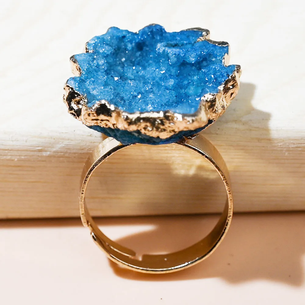 Natural Agate Geode Sun Flower Slice Rings Electroplating Irregular Cluster Golden Edge Adjustable Ring Circle Jewelry for Women