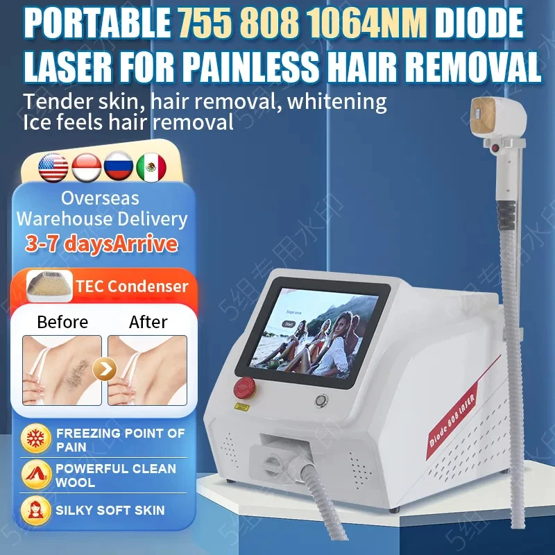 Diode La-ser High Power Epilator Painless 3 Wavelength Permanent Ice Titanium Hair Removal Machine Whole Body 755nm 808nm 1064nm