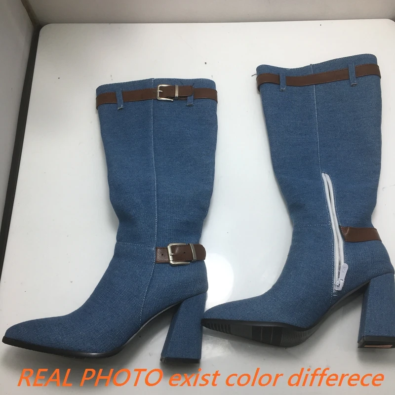 

REAVE CAT Women Knee High Boots Pointed Toe Block Heels 8.5cm 49 50 Leisure Fahion Long Bota
