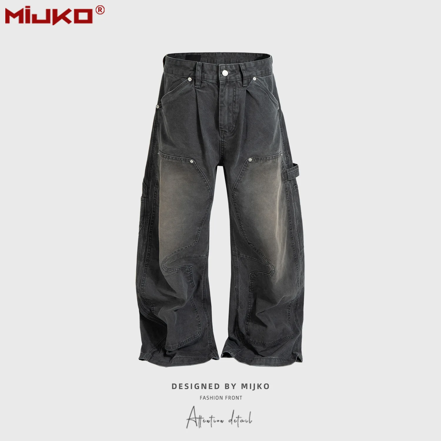 MIJKO Unisex Jeans Small Toggle Design Silhouette Vintage Gray Denim Long Pants Men's And Women's Washed Casual Trousers Z049