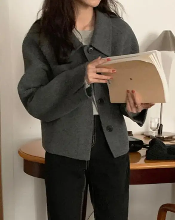 

Зимняя повседневная женская куртка на пуговицах с длинными рукавами в стиле отпуска, однотонная элегантная короткая куртка с лацканами