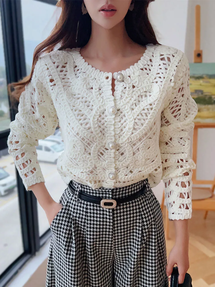 

Pink Doll Knitted Sweater Long Sve Hollow out Faion Women's Open Cardigan Top Ele Sle Commute Loose Fit Pure Color