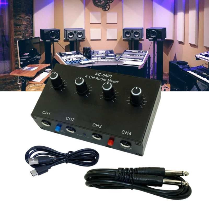 Low Noise 4 Channel Line Mixer for Sub Mixing 4 Stereo Channel Sound Mixer Adapter for Microphones Guitar Keyboards