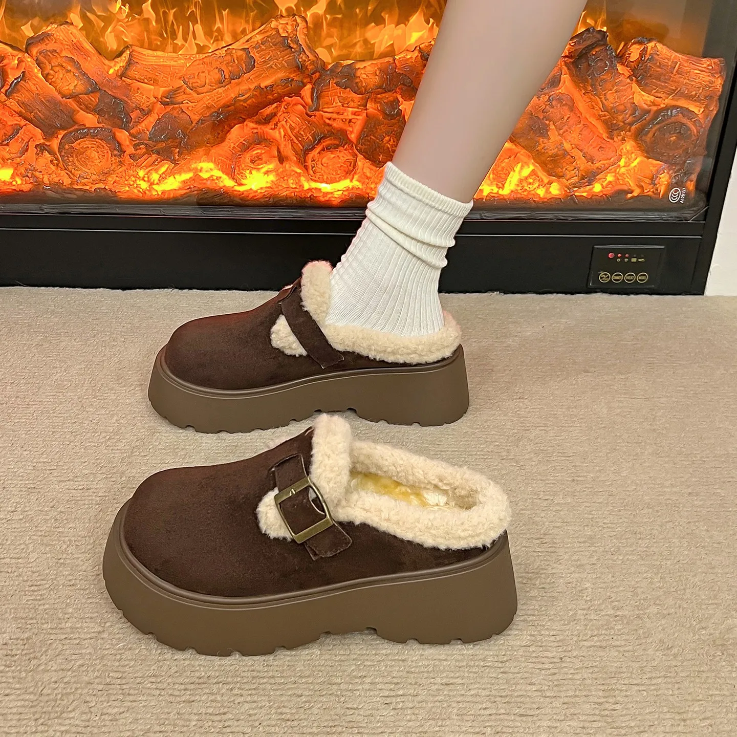 Fashion Brand Designer Women'S Cotton Slippers New Model With Sponge Cake Slippers Slope Heel Toe Cover Plush Half Slippers