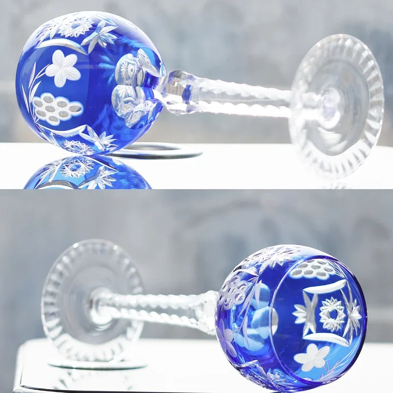 Blue Edo Kiriko Glass Cup - Handmade Cut Crystal Whiskey Tumbler & Wine Goblet - Japanese Style Art Glass - 5 Designs Available