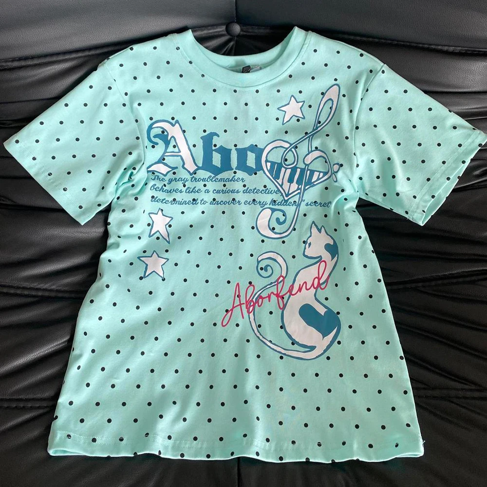 

Harajuku Cartoon Letter Printed T-Shirt 2026 Summer Y2K Aesthetic Mint Green Casual Top Harajuku Women's Grunge Retro T-Shirt