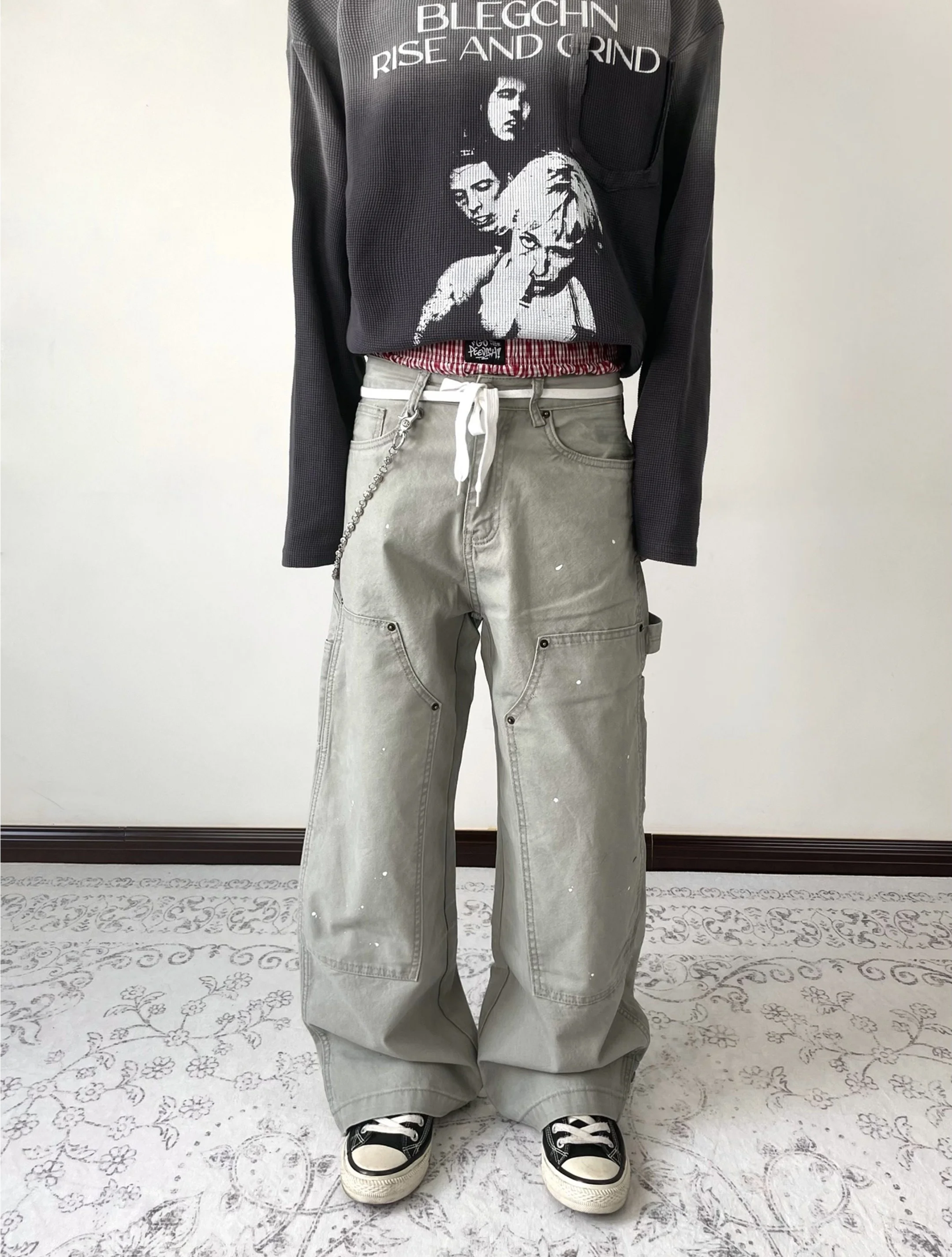 

Американские джинсы в стиле ретро с эффектом брызг краски, мужские свободные прямые повседневные рабочие джинсы, джинсы до колен с эффектом потертости