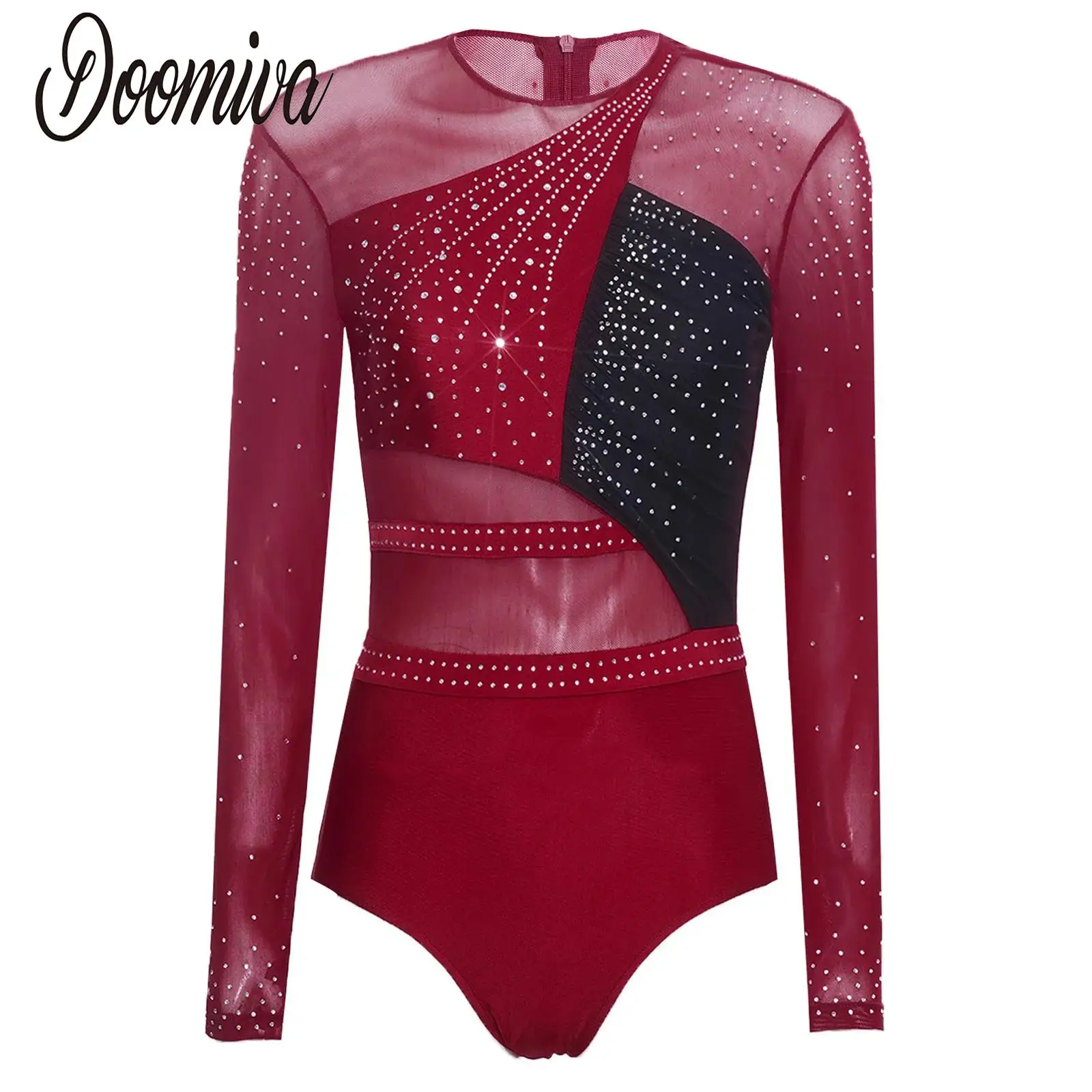 

Artistic Gymnastics Figure Skating Costumes for Women Leotard Bodysuit Rhinestones Sheer Mesh Tights Jumpsuit Performance Dress