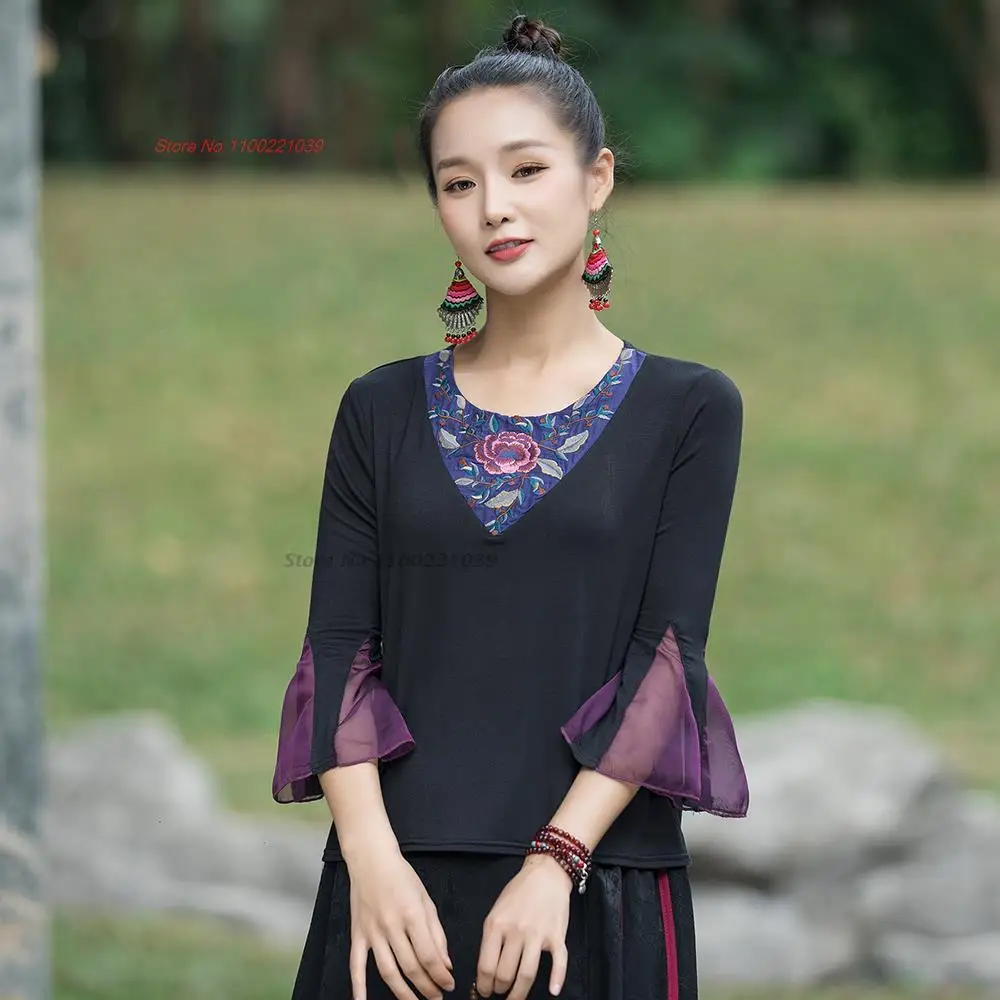 2025 flower embroidery lady casual v neck shirts traditional tang shirt vintage shirt hanfu top chinese national chiffon shirt