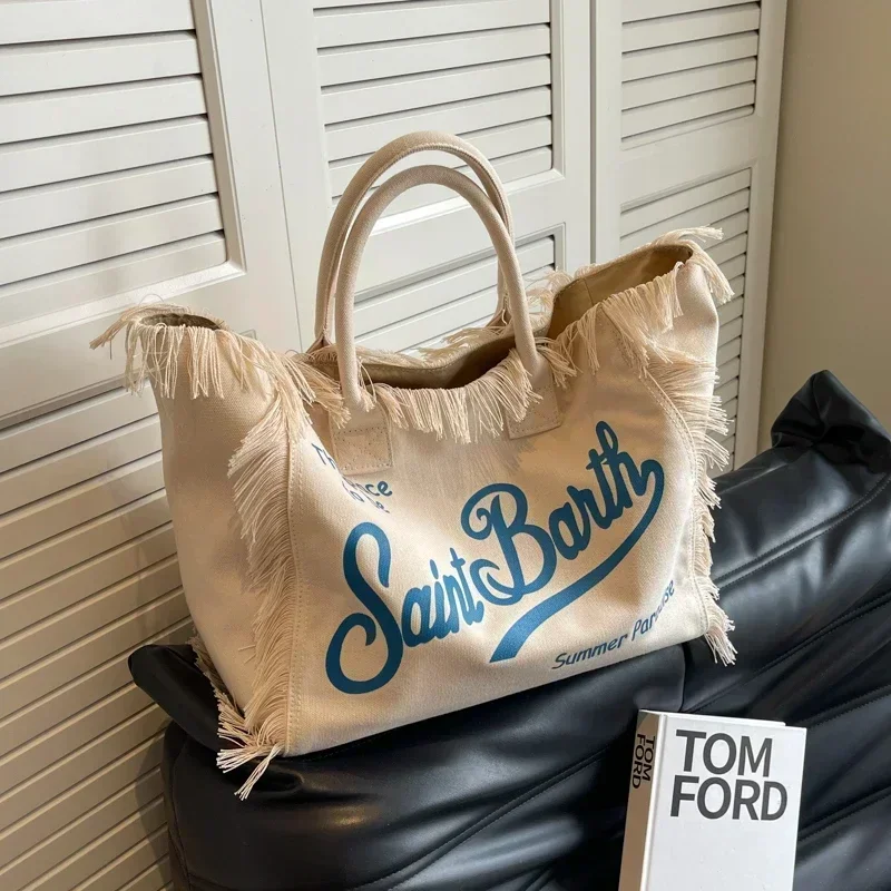 Bolso de lona de gran capacidad para mujer, bandolera empalmada con borlas y letras, de alta calidad, gran oferta, 2024