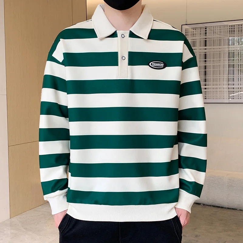 Commute Basic Striped T-shirts Spring Autumn Polo-Neck Button Men\'s Clothing Long Sleeve Korean Patch Designs Loose Polo Shirts