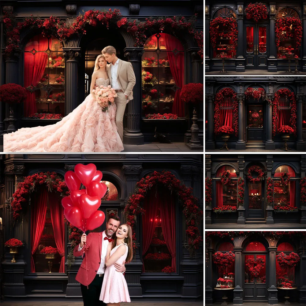 Valentine's Day Store Window Photography Backdrops Red Rose Flowers Shop Kids Birthday Portrait Background Wedding Photocall