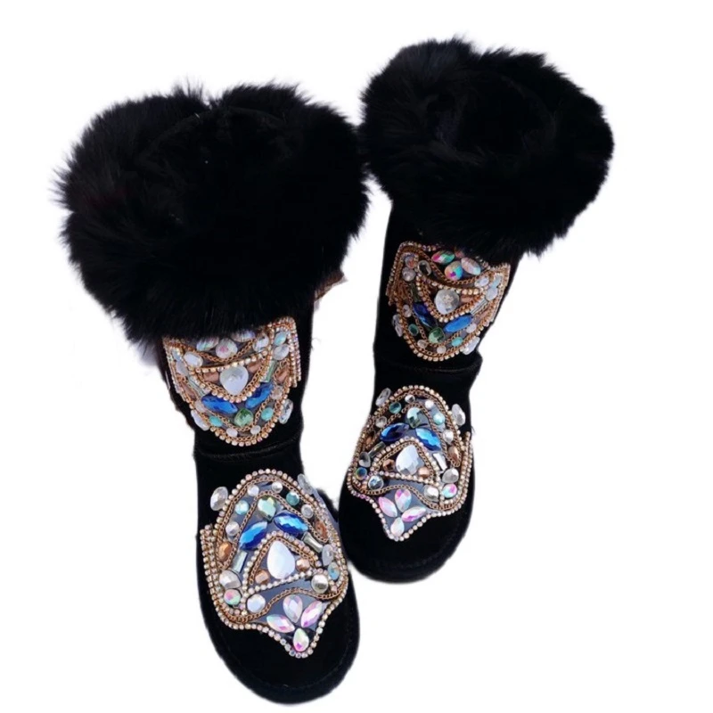 

Black Cow Suede Rhinestones Women Mid Calf Tall Boots Real Fur Warm Plush Outdoor Winter Shoes Lady Luxury Crystal Snow Boots