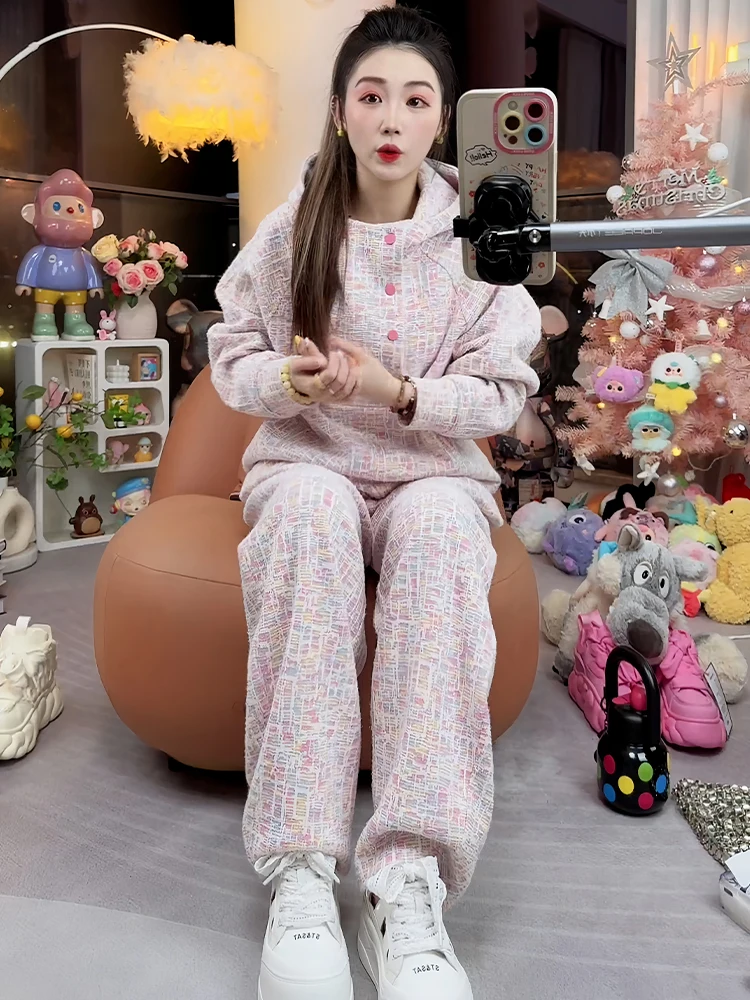   Conjunto de dos piezas con capucha y pantalones informales para mujer, conjunto de mezcla de algodón transpirable con diseño Faion para principios de otoño