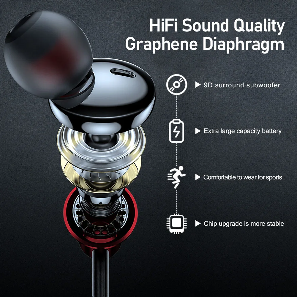 EARDECO Bluetooth casque 100 heures de lecture basse Inear sans fil écouteur tour de cou étanche Sport casque TF carte aimant