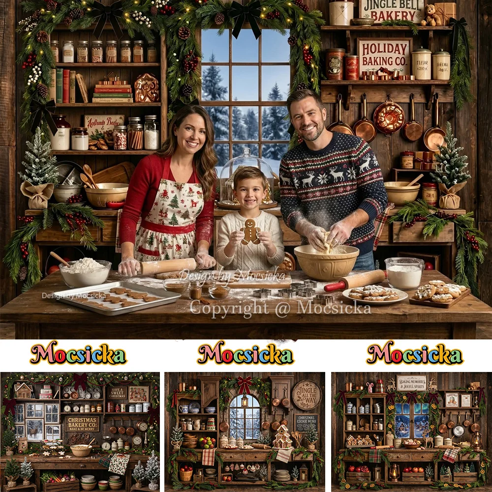 Mocsicka Christmas Bakery Kitchen Backdrop Photography Gingerbread Cookie Wooden Cabin Background Winter Family Holiday Photo