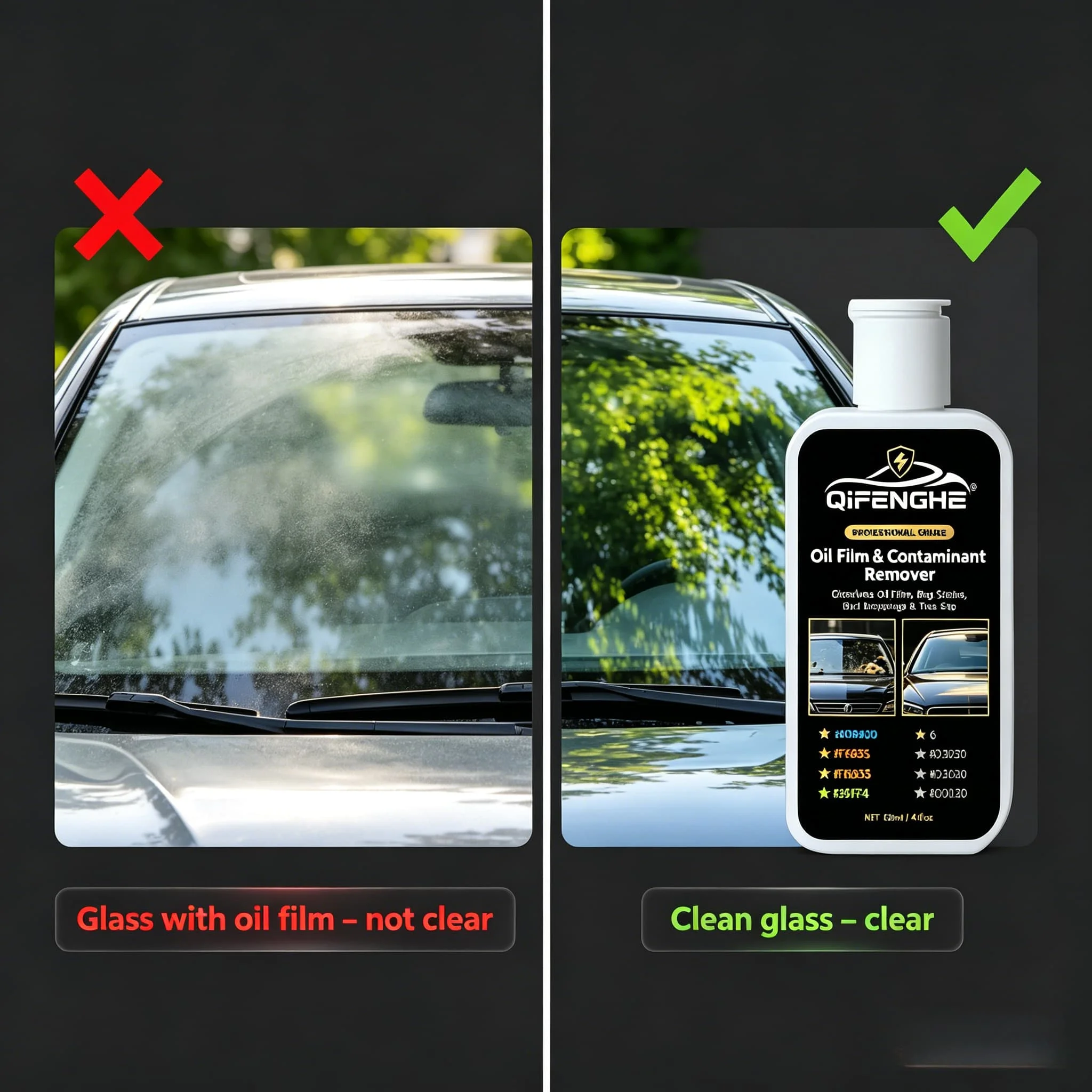 

QIFENGHE All-in-One Glass Contaminant Remover – Eliminates Stubborn Oil Film, Bug Splatters, Bird Droppings, Tree Sap – 120ml Bo