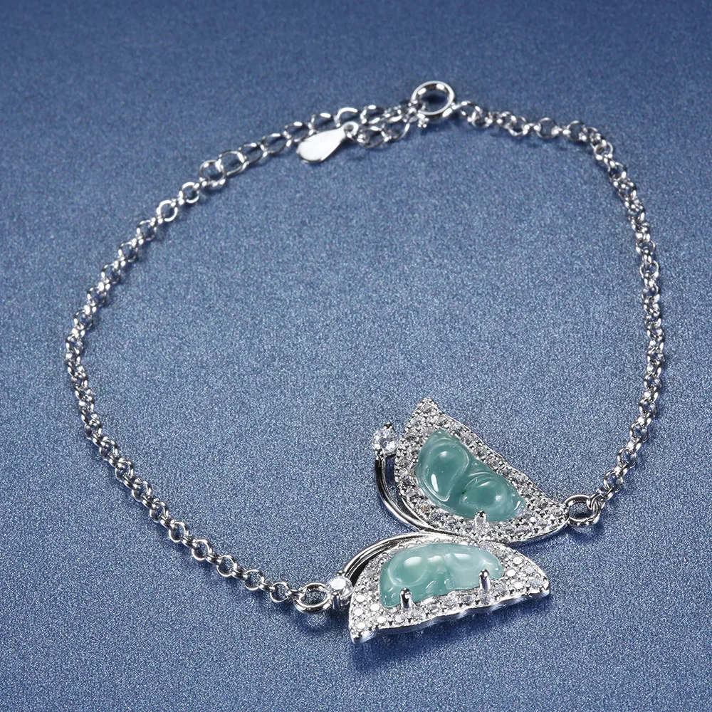 

Jewelry 18K Gold Inlaid with Natural Hazardous Materials, Blue Water Jadeite Butterfly Bracelet, Platinum PT950 Diamond Bracelet