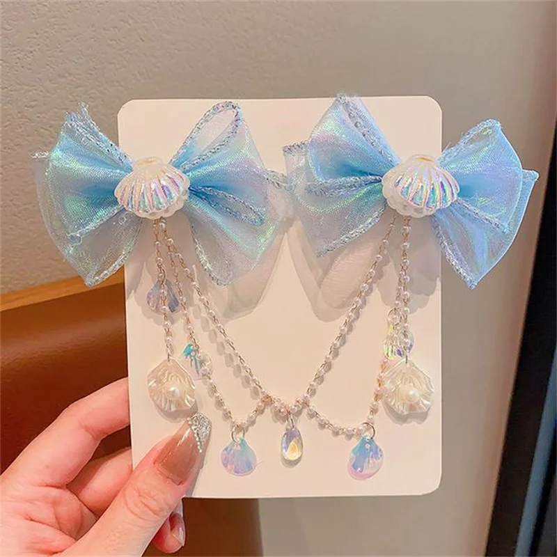 Baby cute mermaid Princess Pearl Tassel bow forehead chain hair clip children hair accessories girls hair clip