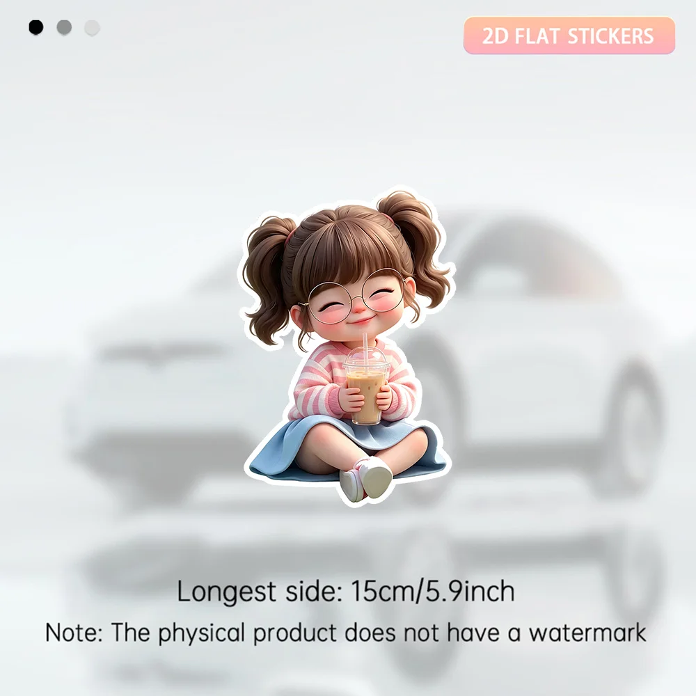 1Pc 2D Flat Cute Girl With Milk Tea Vinyl Sticker, Waterproof Decal for Car Fuel Cap Fridge Laptop Decor, Holiday Gift