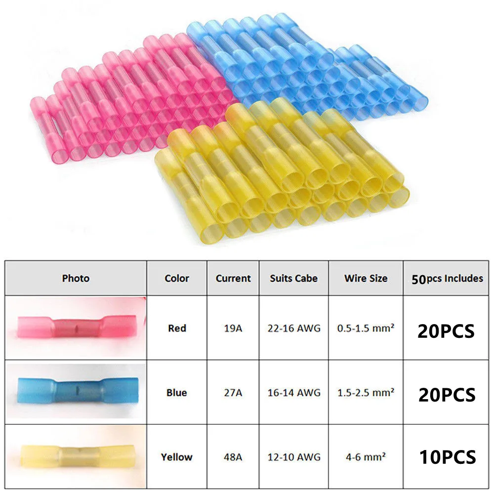 Kit de conectores de cable termorretráctil impermeables, Kit de terminales de conector eléctrico automotriz, conector de empalme a tope 22-10AWG, 50 Uds.