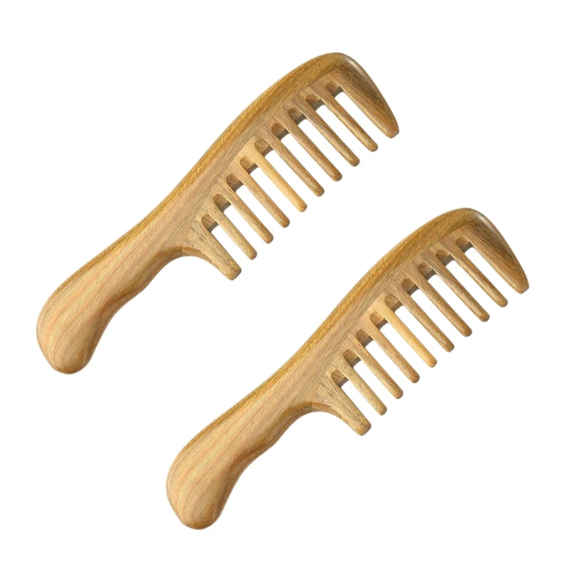 

2X Wide Tooth Natural Sandalwood Hair Comb- No Static Wooden Detangling Comb With Smooth Handle