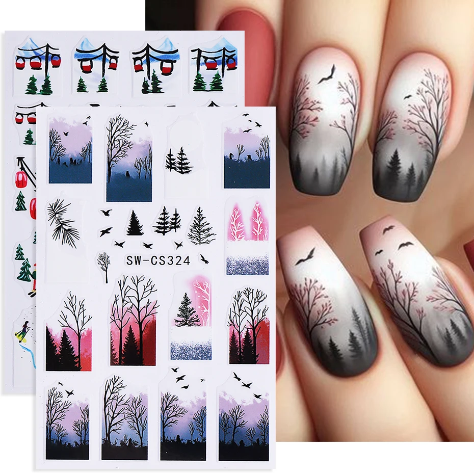 2pcs Christmas Nail Stickers Winter Tree Snow Mountain Cable Car Skiing Flying Birds Nail Decals Sliders DIY Manicure Decoration