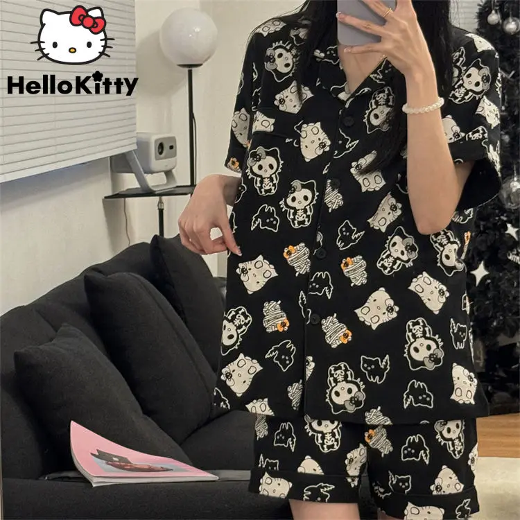 Sanrio Black Hello Kitty Sleeping For Sleepwear Y2k Woman Summer Short Sleeved Pajamas Set Gothic Home Clothing Set For Outwear