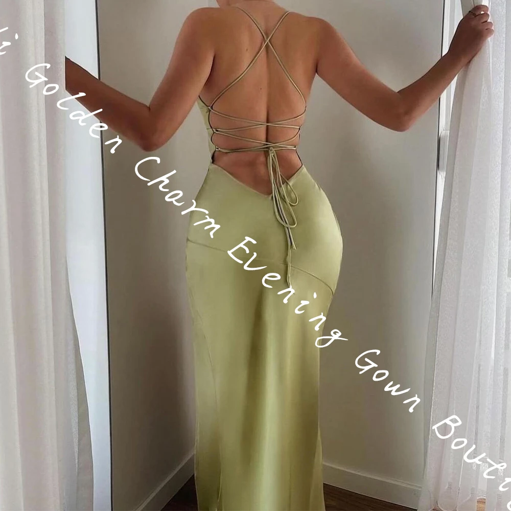 Mermaid Floor Length V Neck Spaghetti Straps Satin Sleeveless Green Classic Evening Dresses Panel Train Lace Up Back Prom Gow