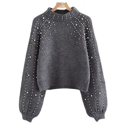Women's Short Knitted Sweater Autumn Winter Long Lantern Sleeved O-neck Solid Color Beading Preals Pulloveroffice Female Tops