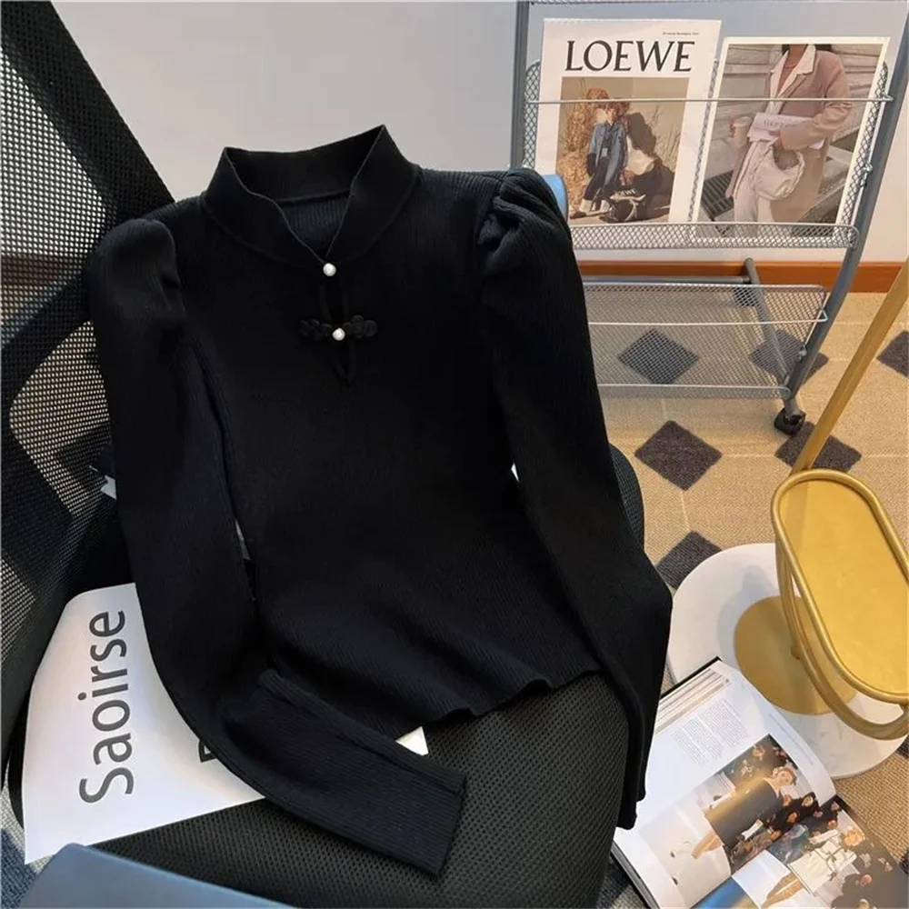 Chinese Buttoned Stand Collar Base Knitted Sweater Women's Autumn Winter Pullover Short Chinese Style Slim long Sleeved top