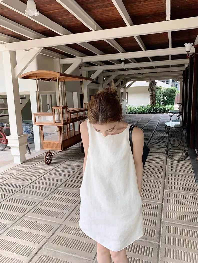 Breathable 100% Linen Slimming Pure White Summer A-Line Sleeveless Vest Dress Simple Style Daily Wear Ladies Dress