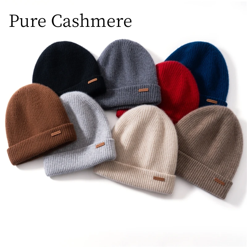 Quality Women's 100% Pure Goat Cashmere Knitted Flanged Hat Fashion Solid Color Winter Warm Cold Proof Ear Protection Soft Hat
