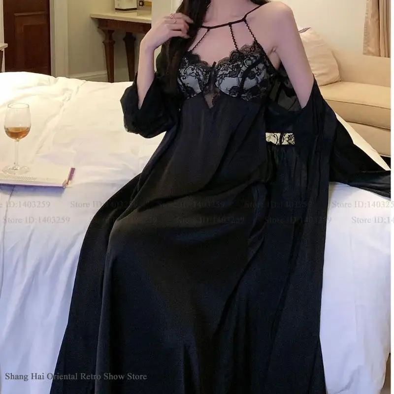 

Elegant Ice Silk Female Long Twinset Robe Set Nightgown Sexy Lace Nightgdress Bathrobe Home Dress Loose Homewear Loungewear