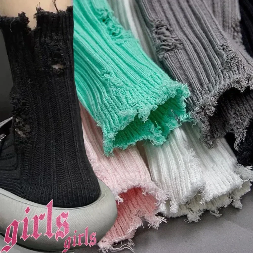 Broken Hole Socks Women Skateboard Beggar Cotton Socks Medium Tube Knitted Street Stocking Trendy Ripped Sox Носки Женские Чулки image 2