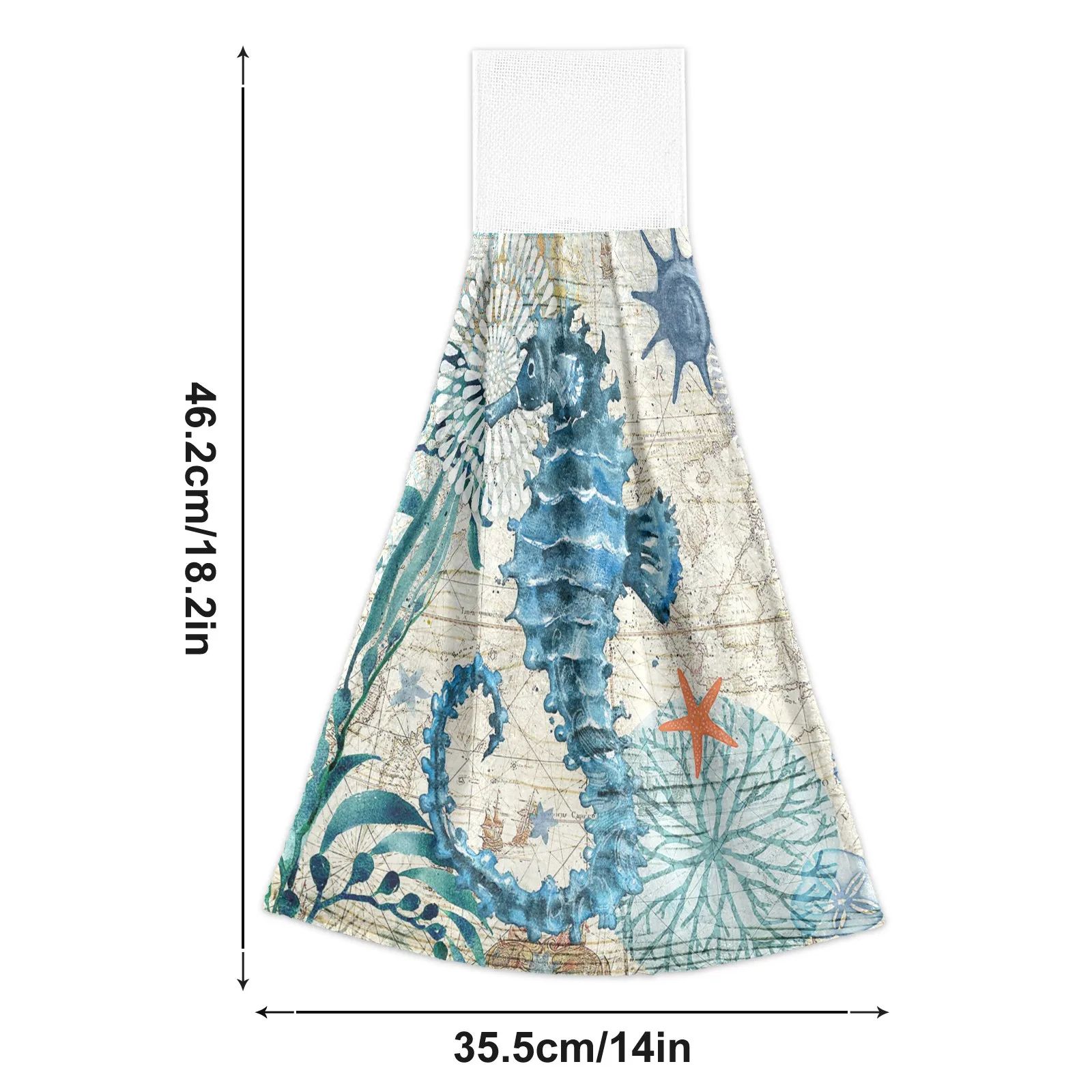 Seahorse Ancient Nautical Map Hanging Kitchen Towel 2 Pieces Set Magic Sticker Absorbent Soft Hand Towel Coral Velvet Dishcloth