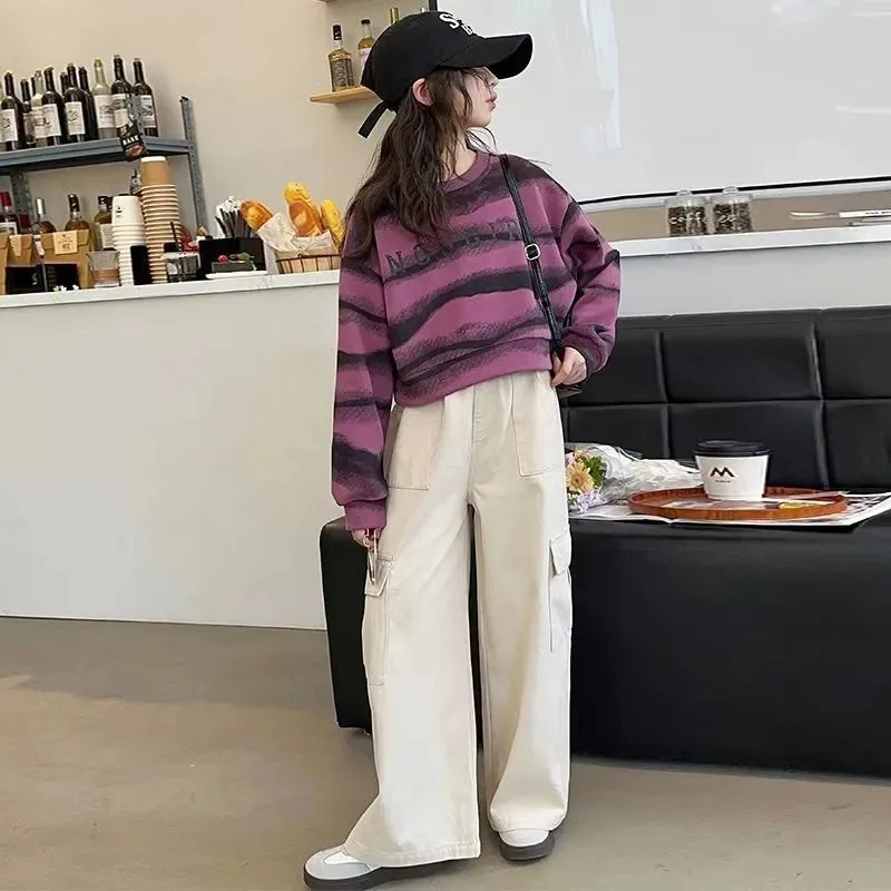 2026 autumn spring Girls clothes Sweatshirt Kids teens dress top Child striped letters hooded tracksuit 4 6 7 8 9 10 11 12 year
